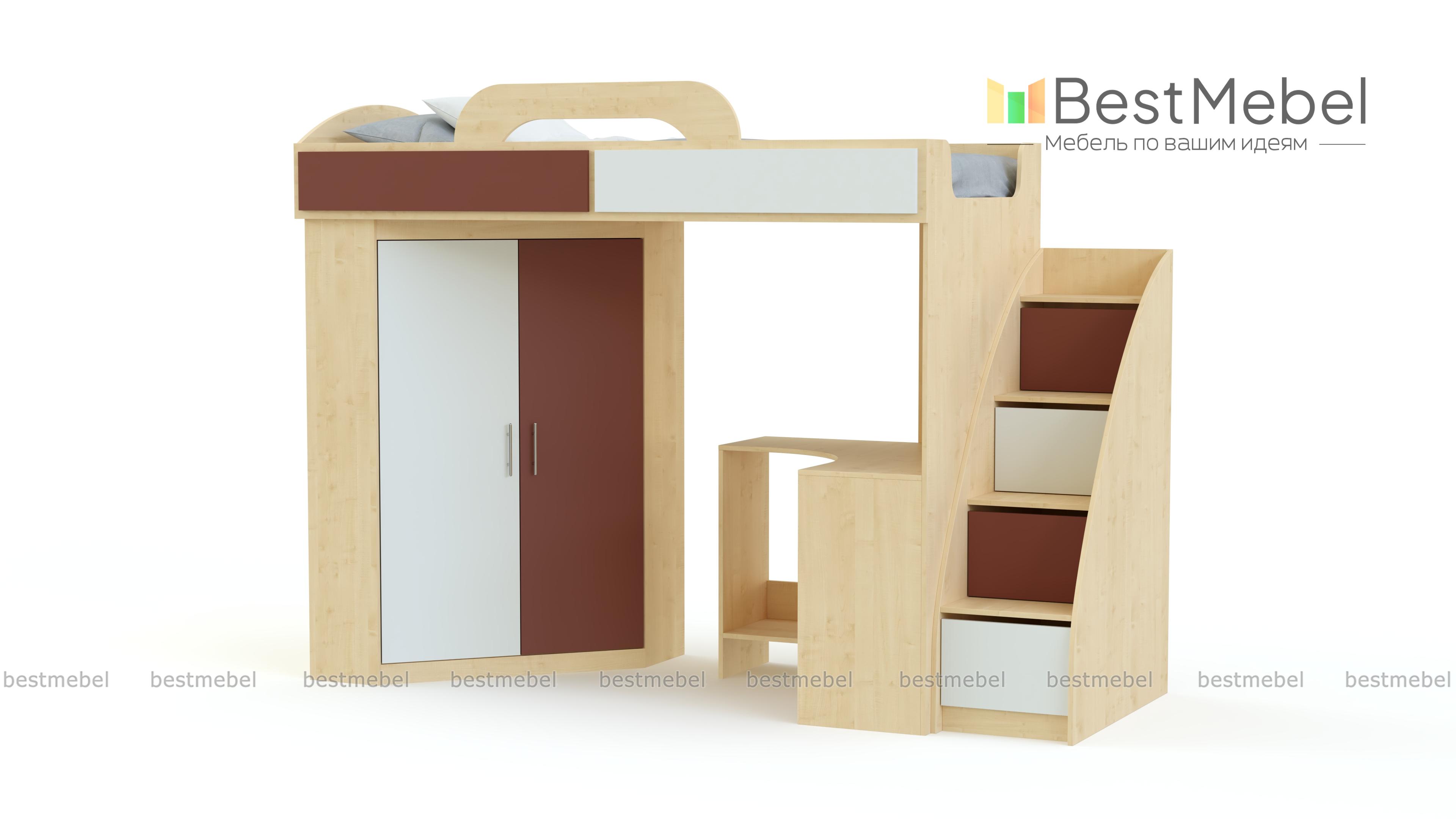 Кровать-чердак со шкафом и столом Фимо 2 BMS - Фото